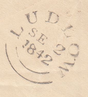 143814 1842 LARGE PART 1d PINK ENVELOPE KNIGHTON, RADNORSHIRE TO LUDLOW, KNIGHTON MALTESE CROSS AND 'KNIGHTON' UDC (W1225).