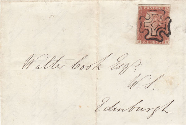 143818 1842 LARGE PIECE KESWICK, CUMBERLAND TO EDINBURGH 1d (SG8) KESWICK MALTESE CROSS 'PEG-LEG' INNER ARM.