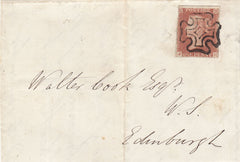 143818 1842 LARGE PIECE KESWICK, CUMBERLAND TO EDINBURGH 1d (SG8) KESWICK MALTESE CROSS 'PEG-LEG' INNER ARM.