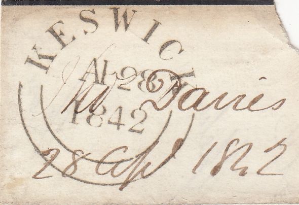 143818 1842 LARGE PIECE KESWICK, CUMBERLAND TO EDINBURGH 1d (SG8) KESWICK MALTESE CROSS 'PEG-LEG' INNER ARM.