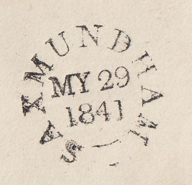 143819 1841 MAIL WORKINGTON, CUMBERLAND TO SAXMUNDHAM 1d PL.5 (SG7)(JE) SUPERB STRIKE WORKINGTON MALTESE CROSS.