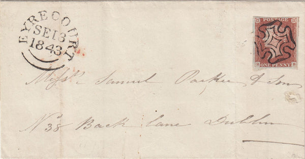 143822 1843 WRAPPER EYRECOURT, COUNTY GALWAY TO DUBLIN 1d PL.35 (SG8) VERY FINE STRIKE EYRECOURT MALTESE CROSS (SPEC B1t)..