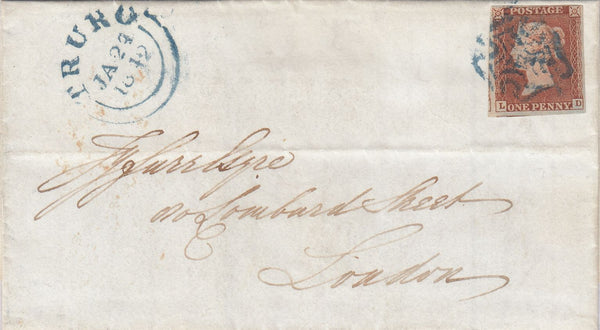 143824 1842 MAIL TRURO TO LONDON 1d PL.17 (SG8) BLUE MALTESE CROSS OF TRURO (SPEC B1sc).