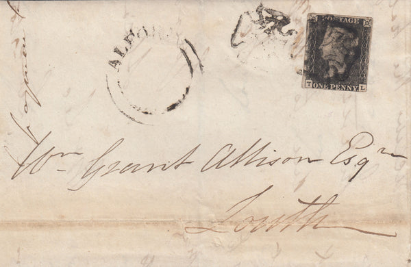 143826 1841 MAIL ALFORD, LINCOLNSHIRE TO LOUTH 1d PL.6 GREY-BLACK (SG3) DOUBLE STRIKE ALFORD MALTESE CROSS IN BLACK.