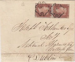 143828 1843 LARGE PART WRAPPER KINGSCOURT, CO. CAVAN, IRELAND TO DUBLIN 1d (SG8) VERTICAL PAIR PL.33  KINGSCOURT MALTESE CROSS.