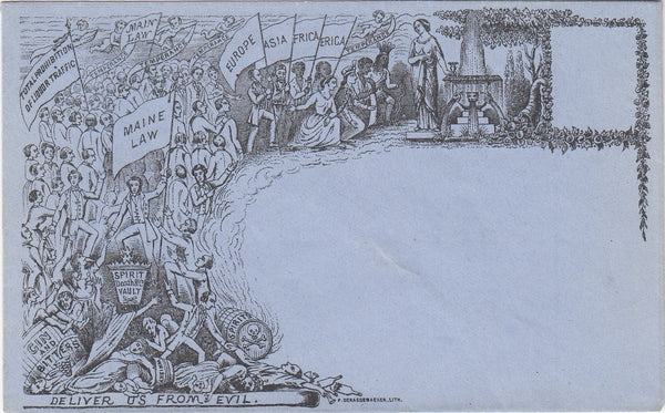 143839  CIRCA 1890 VALENTINE 'TEMPERANCE' ENVELOPE DERAEDEMAEKER REPRINT IN BLACK ON BLUE WOVE PAPER WITH REFERENCE TO 'MAINE LAW'.