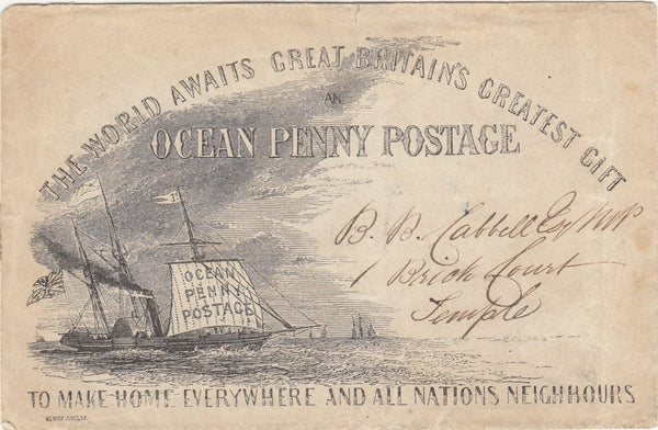 143841 CIRCA 1850 CHARLES GILPIN 'OCEAN PENNY POSTAGE' ORIGINAL ENVELOPE, ADDRESSED BUT UNUSED.