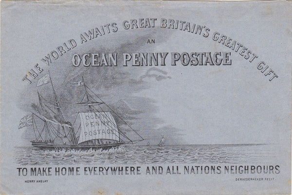 143842 CIRCA 1890  CHARLES GILPIN 'OCEAN PENNY POSTAGE' DERAEDEMAEKER REPRINT BLACK ON BLUE WOVE PAPER.