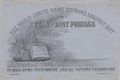 143842 CIRCA 1890  CHARLES GILPIN 'OCEAN PENNY POSTAGE' DERAEDEMAEKER REPRINT BLACK ON BLUE WOVE PAPER.