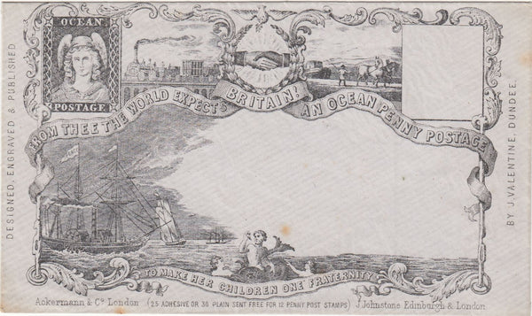 143843 CIRCA 1890 VALENTINE 'OCEAN POSTAGE' DERAEDEMAEKER REPRINT IN BLACK ON GREY WOVE PAPER.