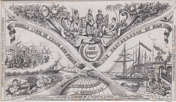 143848 CIRCA 1890 VALENTINE 'PEACE AND TRADE' DERAEDEMAEKER REPRINT IN BLACK ON GREY WOVE PAPER.