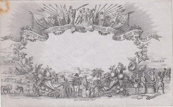 143852 CIRCA 1890 VALENTINE 'PEACE' ENVELOPE DERAEDEMAEKER REPRINT IN BLACK ON GREY WOVE PAPER.