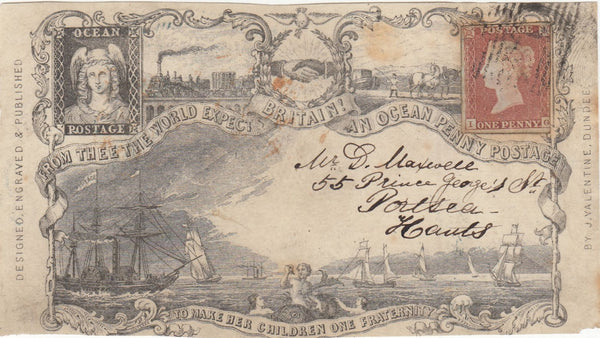 143855 CIRCA 1850 VALENTINE 'OCEAN PENNY POSTAGE' ORIGINAL FRONT ONLY POSTALLY USED SCOTLAND TO PORTSEA, HANTS.
