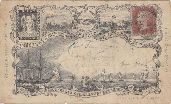 143856 CIRCA 1850 VALENTINE 'OCEAN PENNY POSTAGE' ORIGINAL FRONT ONLY, POSTALLY USED, STAMP DOES NOT BELONG.