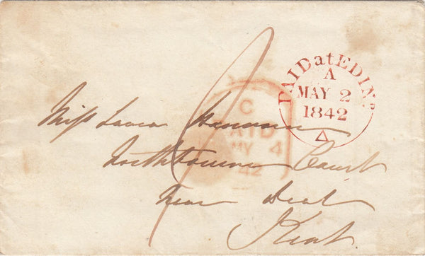 143857 1842 MAIL EDINBURGH TO DEAL, KENT POST PAID, WAFER SEAL 'MY HOPE'.