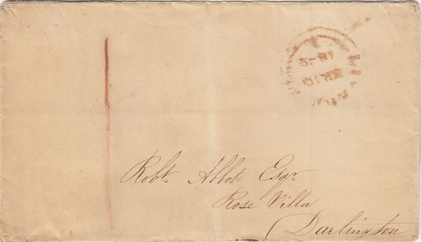 143859 1842 WRAPPER YORK TO DARLINGTON, POST PAID CASH, ON REVERSE WAFER SEAL IN SHORTHAND.
