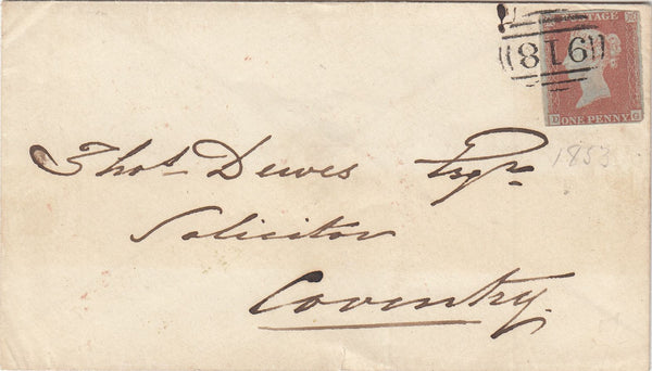 143860 1853 MAIL WORCESTER TO COVENTRY 1d (SG8)(DG) EMBOSSED IMAGE ON FLAP OF YOUNG LADY'S HEAD IN PROFILE.