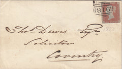 143860 1853 MAIL WORCESTER TO COVENTRY 1d (SG8)(DG) EMBOSSED IMAGE ON FLAP OF YOUNG LADY'S HEAD IN PROFILE.