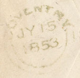 143860 1853 MAIL WORCESTER TO COVENTRY 1d (SG8)(DG) EMBOSSED IMAGE ON FLAP OF YOUNG LADY'S HEAD IN PROFILE.