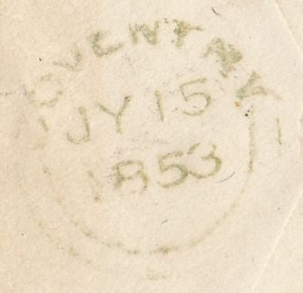 143860 1853 MAIL WORCESTER TO COVENTRY 1d (SG8)(DG) EMBOSSED IMAGE ON FLAP OF YOUNG LADY'S HEAD IN PROFILE.