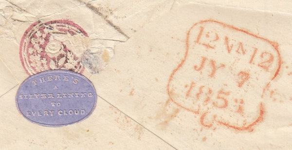 143861 1853 PENNY PINK USED IN LONDON 'THERE'S A SILVER LINING TO EVERY CLOUD' WAFER SEAL IN LILAC.