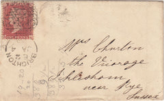 143863 1858 MAIL BRIGHTON TO RYE, SUSSEX 1d (SG40) ON REVERSE 'IN EVERY THING GIVE THANKS' WAFER SEAL.