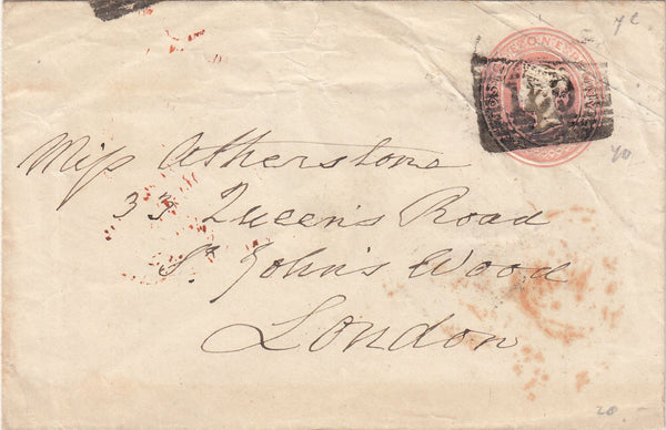 143865 1849 PENNY PINK ENVELOPE GLASGOW TO LONDON 'HOPE STREET' HANDSTAMP IN BLUE AND WAFER SEAL WITH DOG DELIVERING A LETTER.