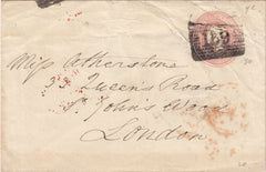 143865 1849 PENNY PINK ENVELOPE GLASGOW TO LONDON 'HOPE STREET' HANDSTAMP IN BLUE AND WAFER SEAL WITH DOG DELIVERING A LETTER.
