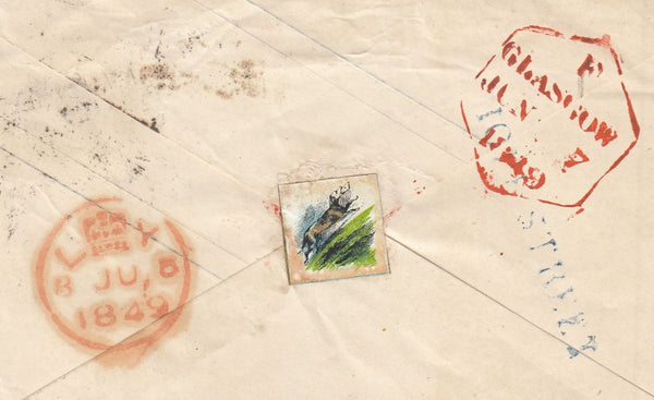 143865 1849 PENNY PINK ENVELOPE GLASGOW TO LONDON 'HOPE STREET' HANDSTAMP IN BLUE AND WAFER SEAL WITH DOG DELIVERING A LETTER.
