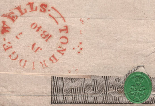 143867 1840 1d MULREADY WRAPPER TONBRIDGE WELLS, KENT TO LONDON, RED MALTESE CROOS AND WAFER SEAL 'CROWN' ABOVE 'CROSS OF THE ORDER OF ST. JOHN'.