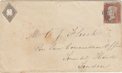 143868 1847 MAIL BATH, SOMERSET TO LONDON 1d (SG9)(HK) TWO WAFER SEALS WITH PERSIAN ? SCRIPT.