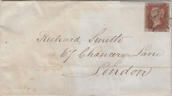 143869 1841 MAIL SHEFFIELD TO LONDON 1d (SG8)(LC) WAFER SEAL ON REVERSE.