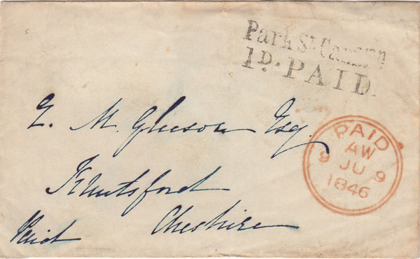 143870 1846 MAIL LONDON TO KNUTSFORD, CHESHIRE POST PAID, WAFER SEAL ON REVERSE.