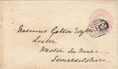 143872 1844 PENNY PINK ENVELOPE ST. LEONARD'S ON SEA, SUSSEX TO WESTON SUPER MARE, MUSICAL WAFER SEAL ON REVERSE.
