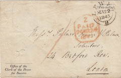143873 1843 MAIL LEWES, SUSSEX TO LONDON 'PRE-PAID' 'Office of the Clerk of the Peace for Sussex' IMPRINTS, WAFER SEAL ON REVERSE.