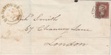 143876 1843 MAIL HUDDERSFIELD TO LONDON 1d (SG8)(ED), 'BRIGHOUSE' UDC (YK583) AND WAFER SEAL RE 'FREE TRADE' ON REVERSE.