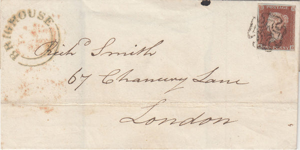 143876 1843 MAIL HUDDERSFIELD TO LONDON 1d (SG8)(ED), 'BRIGHOUSE' UDC (YK583) AND WAFER SEAL RE 'FREE TRADE' ON REVERSE.