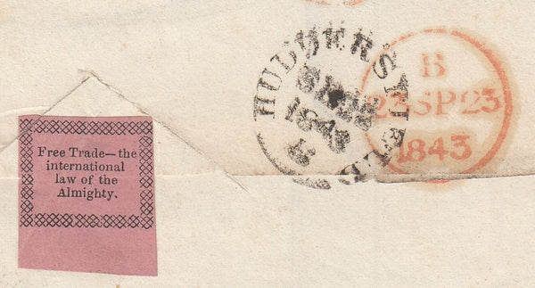 143876 1843 MAIL HUDDERSFIELD TO LONDON 1d (SG8)(ED), 'BRIGHOUSE' UDC (YK583) AND WAFER SEAL RE 'FREE TRADE' ON REVERSE.