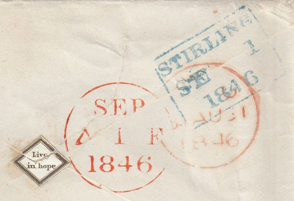 143877 1846 MAIL BRANDON, SUFFOLK TO STIRLING 1d (SG8) WAFER SEAL ON REVERSE.