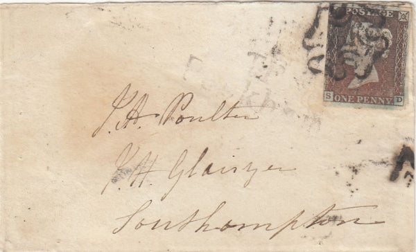 143878 1844 MAIL LONDON TO SOUTHAMPTON 1d (SG8) WAFER SEAL ON REVERSE.