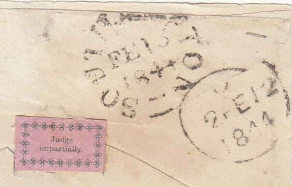 143878 1844 MAIL LONDON TO SOUTHAMPTON 1d (SG8) WAFER SEAL ON REVERSE.