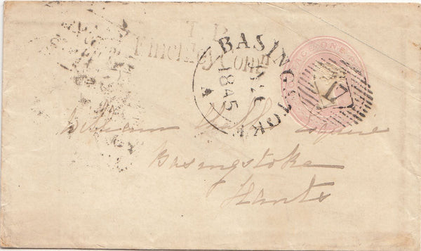 143879 1845 PENNY PINK ENVELOPE LONDON TO BASINGSTOKE WAFER SEAL ON REVERSE.