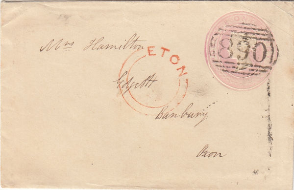 143880 1844 PENNY PINK ENVELOPE ETON, BERKS TO BANBURY 'ETON' UDC IN RED AND WAFER SEAL ON REVERSE.