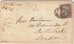 143881 1847 MAIL GREAT MALVERN, WORCS TO LONDON 1d (SG8) WAFER SEAL ON REVERSE.