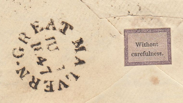 143881 1847 MAIL GREAT MALVERN, WORCS TO LONDON 1d (SG8) WAFER SEAL ON REVERSE.