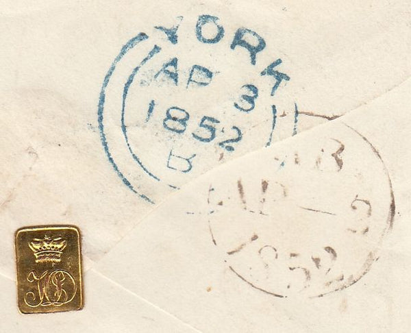 143882 1852 MAIL LONDON TO BRANDSBY, YORK 1d (SG8) WAFER SEAL ON REVERSE.