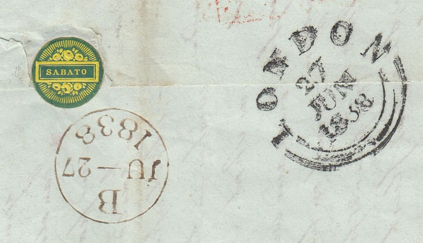 143883 1838 MAIL BAGNI  DI LUCCA, TUSCANY TO ROMSEY, HANTS WITH ITALIAN 'SABATO' WAFER SEAL.
