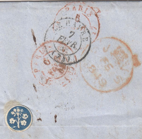 143884 1848 MAIL ANDOVER TO HAVRE, FRANCE, WAFER SEAL ON REVERSE.