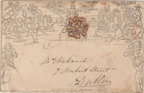 143885 1841 ONE PENNY MULREADY ENVELOPE IPSWICH TO DUBLIN, WAFER SEAL ON REVERSE.