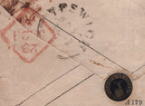 143885 1841 ONE PENNY MULREADY ENVELOPE IPSWICH TO DUBLIN, WAFER SEAL ON REVERSE.